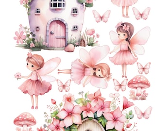 Cake Scene Pre-Cut Pink Fair, Pink Fairies Cake Decoration, Edible Pink Fairy Cake, Fairy Toppers, Girls fairy Cake, Pink Fairy Cake Topper