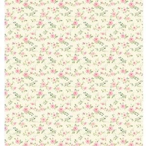 Può includere: Uno schema senza cuciture con piccole rose rosa e foglie verdi su uno sfondo crema.