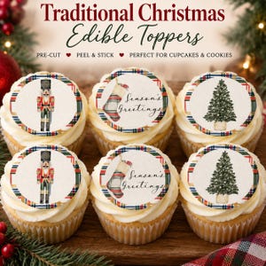 May include: Six cupcakes topped with circular edible toppers featuring Christmas designs including a nutcracker, a stocking with the text Season's Greetings, and a pine tree, all framed by a red, green, and blue plaid border pattern.