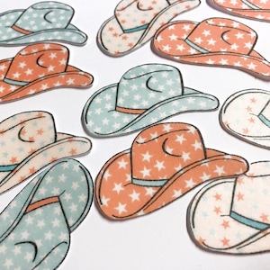 May include: A collection of ten cowboy hats with a star pattern. The hats are in two color combinations: light blue with white stars and peach with white stars.