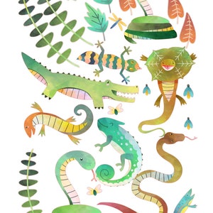 May include: A watercolour illustration of various reptiles and amphibians, including a crocodile, a chameleon, a lizard, and several snakes. The illustration is set against a white background with green leaves.