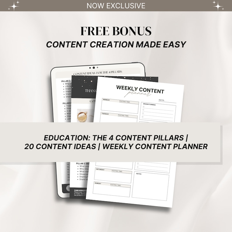 Puede incluir: Una descarga digital para un planificador de contenido semanal y 20 ideas de contenido para los 4 pilares de la creaci&oacute;n de contenido. El planificador incluye secciones para lluvia de ideas, tiempo de publicaci&oacute;n y notas. Las ideas de contenido est&aacute;n organizadas por pilar e incluyen indicaciones para cada una.