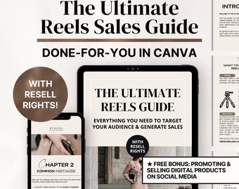 May include: A digital product cover with a brown background and a white text overlay that reads "The Ultimate Reels Guide: Everything You Need to Target Your Audience & Generate Sales". The cover also features a woman in a beige outfit holding a camera. The text "With Resell Rights!" is also featured on the cover.