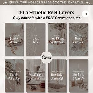 Puede incluir: Un conjunto de 30 portadas de carretes de Instagram con una paleta de colores neutros. Las portadas presentan superposiciones de texto con t&iacute;tulos como "Mis 3 marcas de joyer&iacute;a favoritas", "Es hora de preguntas y respuestas", "C&oacute;mo pas&eacute; mi fin de semana", "Esenciales de playa imprescindibles", "Mi viaje de fin de semana a Florida Mini Vlog", "3 cosas que debes saber como creador de contenido", "Consejos para mujeres empresarias C&oacute;mo ser exitosa", y "C&oacute;mo brillar f&iacute;sica y mentalmente".