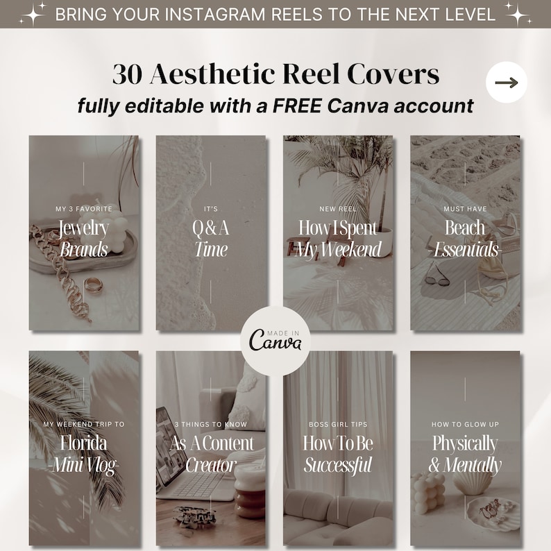 Puede incluir: Un conjunto de 30 portadas de carretes de Instagram con una paleta de colores neutros. Las portadas presentan superposiciones de texto con t&iacute;tulos como "Mis 3 marcas de joyer&iacute;a favoritas", "Es hora de preguntas y respuestas", "C&oacute;mo pas&eacute; mi fin de semana", "Esenciales de playa imprescindibles", "Mi viaje de fin de semana a Florida Mini Vlog", "3 cosas que debes saber como creador de contenido", "Consejos para mujeres empresarias C&oacute;mo ser exitosa", y "C&oacute;mo brillar f&iacute;sica y mentalmente".