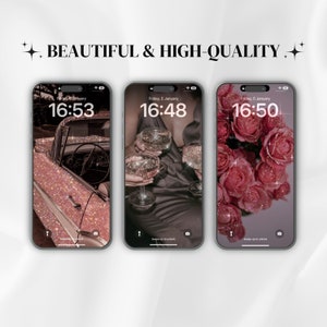 May include: Three phone screen mockups with different backgrounds. The first shows a pink glitter vintage car, the second shows two hands holding champagne flutes, and the third shows a bouquet of pink roses with glitter.