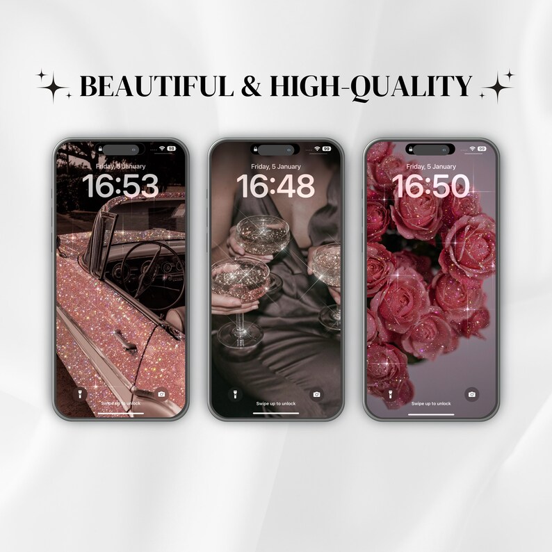 May include: Three phone screen mockups with different backgrounds. The first shows a pink glitter vintage car, the second shows two hands holding champagne flutes, and the third shows a bouquet of pink roses with glitter.