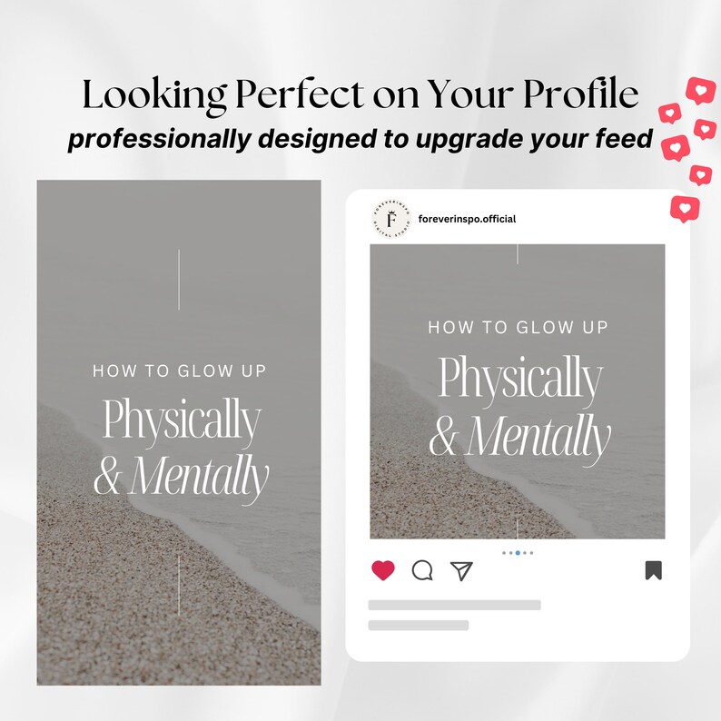 May include: Instagram post with a beach background and the text "HOW TO GLOW UP Physically & Mentally". The post is from the account "foreverinspo.official".