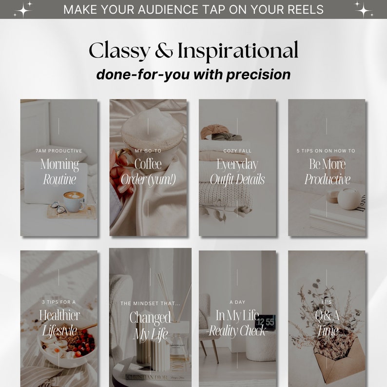 May include: A collage of nine Instagram reel ideas for a lifestyle blog. The reels include topics like morning routine, coffee order, cozy fall outfit details, tips on how to be more productive, a healthier lifestyle, the mindset that changed my life, a day in my life reality check, and Q&A time.