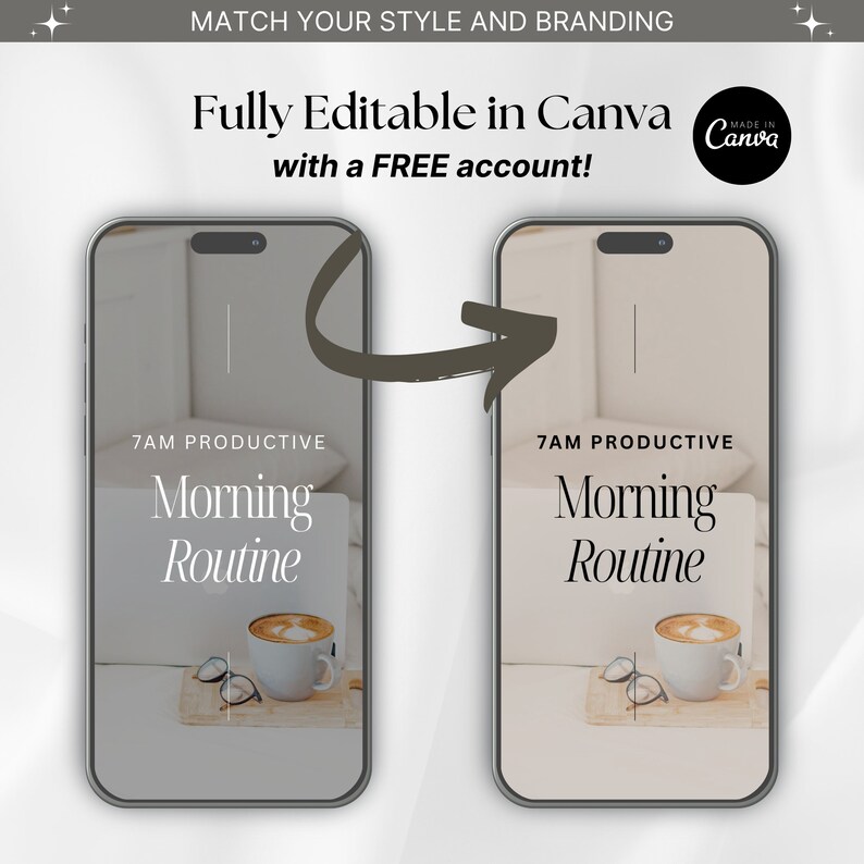 May include: A mockup of a smartphone screen displaying a graphic with the text "7AM PRODUCTIVE Morning Routine". The graphic features a cup of coffee and a pair of glasses on a wooden surface. The text "Fully Editable in Canva with a FREE account!" appears above the phone screen.