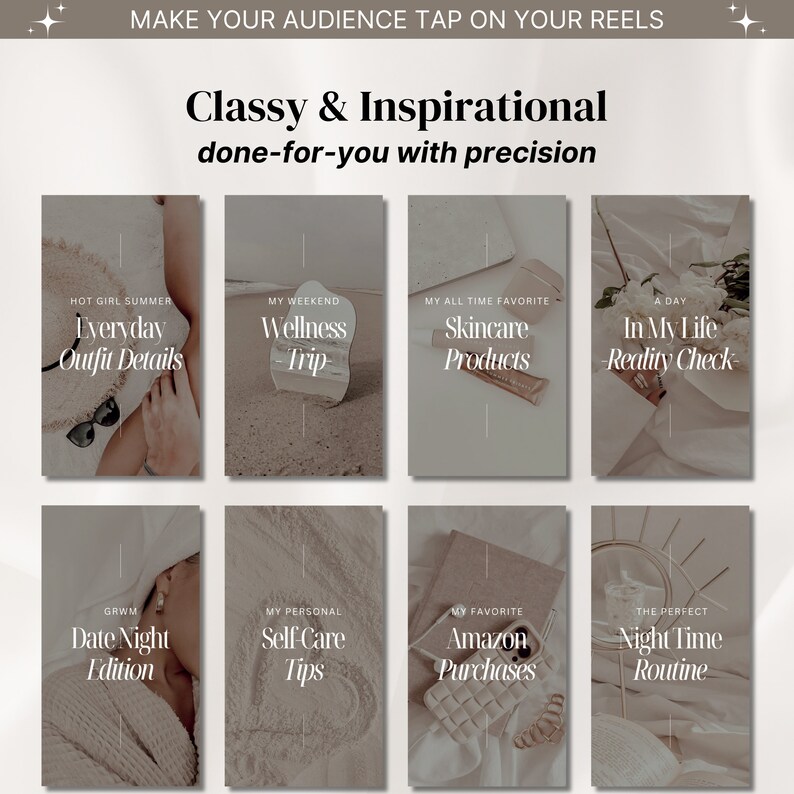 Puede incluir: Un collage de nueve ideas de carretes de Instagram para un blog de estilo de vida. Los carretes incluyen temas como detalles del atuendo diario, viaje de bienestar, productos para el cuidado de la piel, un d&iacute;a en mi vida, edici&oacute;n de noche de cita, consejos de autocuidado, compras en Amazon y rutina nocturna.