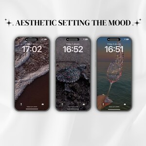 May include: Three iPhone screens with different aesthetic backgrounds. The first screen shows a beach scene with sparkling water and sand. The second screen shows a sea turtle on a sandy beach. The third screen shows a glass of wine with sparkling water in the background.