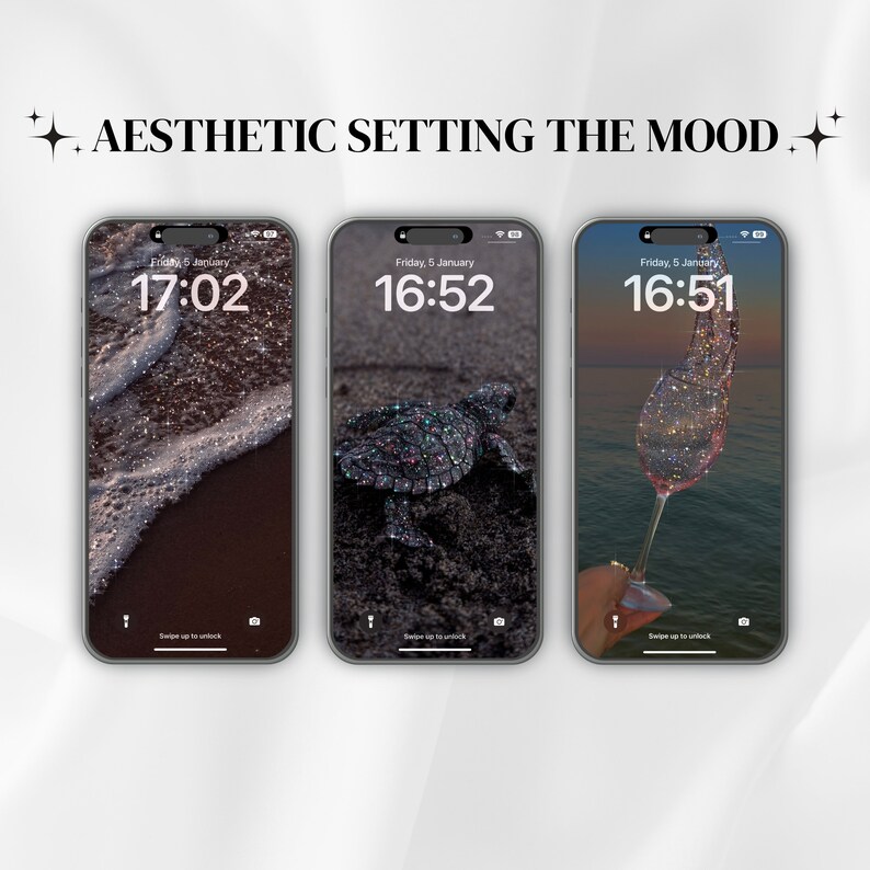 May include: Three iPhone screens with different aesthetic backgrounds. The first screen shows a beach scene with sparkling water and sand. The second screen shows a sea turtle on a sandy beach. The third screen shows a glass of wine with sparkling water in the background.