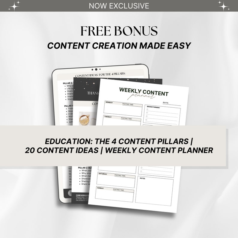 May include: A digital download of a content creation planner with a weekly content planner and 20 content ideas for the 4 content pillars. The planner is in black and white with a gray background. The text "EDUCATION: THE 4 CONTENT PILLARS | 20 CONTENT IDEAS | WEEKLY CONTENT PLANNER" is at the bottom of the image.