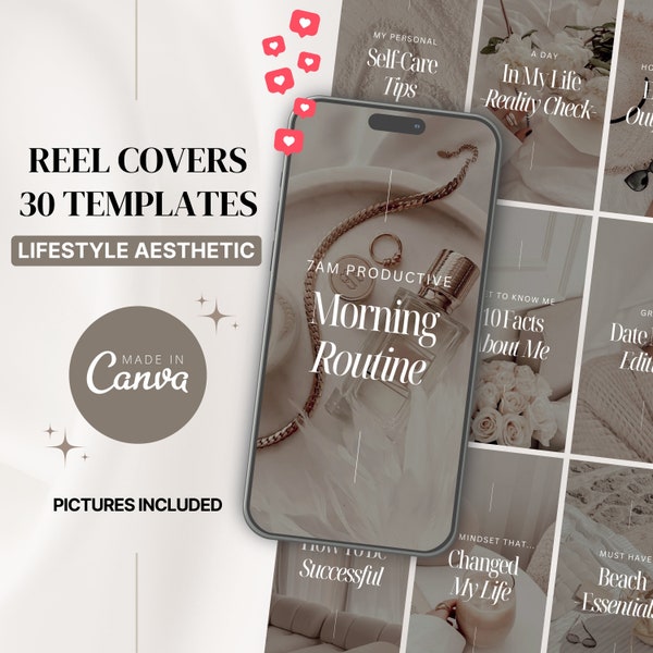 30 Instagram Reel Cover Templates | Beige Aesthetic Instagram Reels Cover | Content Creator Reel Covers for Canva | Reel Template Cover