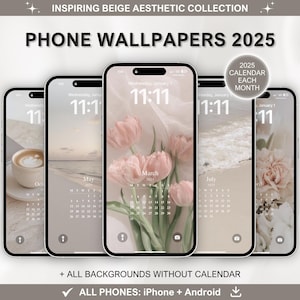 2025 Beige Aesthetic Phone Calendar Wallpaper / 12 Beige Minimalist Monthly Lock Screen Wallpapers / Sfondi per telefono con calendario estetico