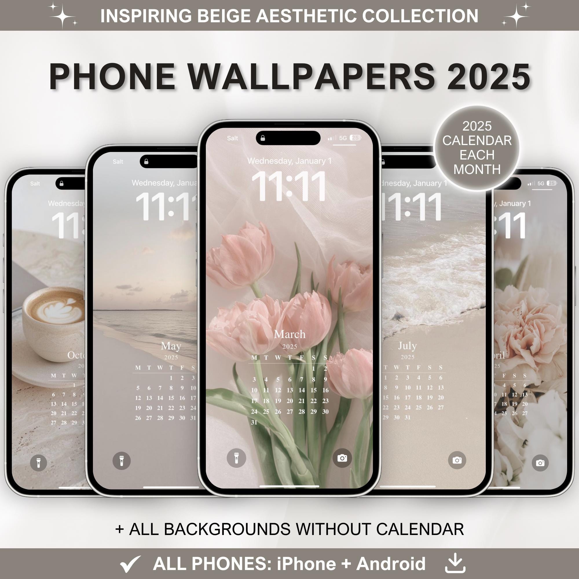 2025 Ästhetische Kalender Handy Hintergründe | 12 Minimalistische Monats-Wallpaper | Digitaler Download für iPhone & Android