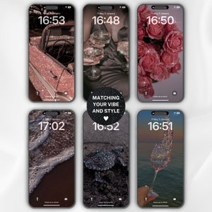 May include: Six phone screen mockups with different backgrounds featuring glitter and a variety of themes, including a vintage car, a glass of champagne, roses, a beach scene, a turtle, and a wine glass. The time is displayed on each screen, with the text "Matching your vibe and style" appearing on one of the screens.