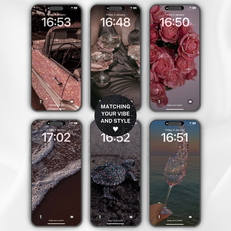 May include: Six phone screen mockups with different backgrounds featuring glitter and a variety of themes, including a vintage car, a glass of champagne, roses, a beach scene, a turtle, and a wine glass. The time is displayed on each screen, with the text "Matching your vibe and style" appearing on one of the screens.