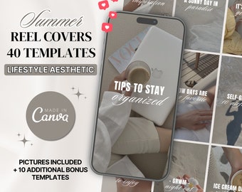 40 Instagram Reel Cover Templates | Summer Beige Aesthetic Instagram Reels Cover | Content Creator Reel Covers Canva | Reel Templates Canva