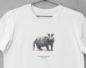 Men's Badger T-Shirt - British Wildlife Shirt - Traditionally Painted European Badger - Cottagecore T-Shirt Goblincore Organic Clothing