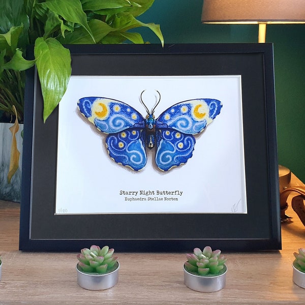 Van Gogh Starry Night Butterfly Painting Print 6x8 in 10x8 Mount | Framed Watercolour butterfly | Faux Taxidermy Butterfly | Cottagecore