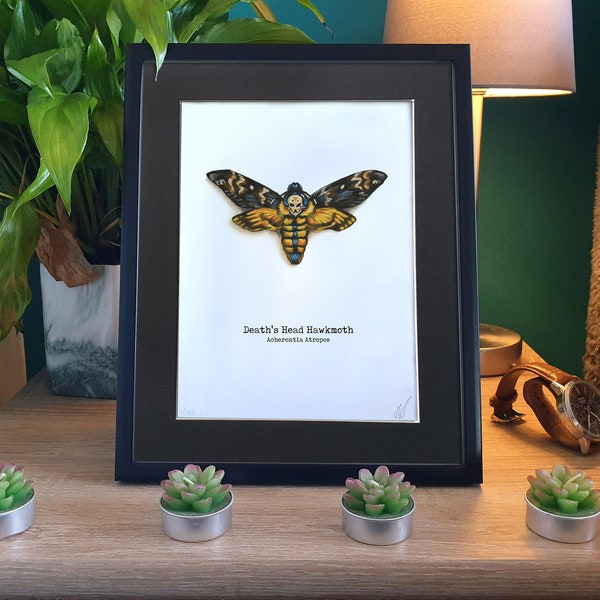 Deaths Head Hawkmoth Painting Print 6x8 | Framed Watercolour Moth Painting Print | Gauche Faux Taxidermy Hawk Moth | Cottagecore Insect Gift