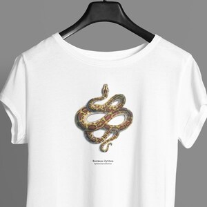 Peut inclure: T-shirt blanc avec une illustration de serpent brun et jaune. Le serpent est enroulé en forme de huit. Le texte "Python birman Python molurus" est imprimé sous le serpent.