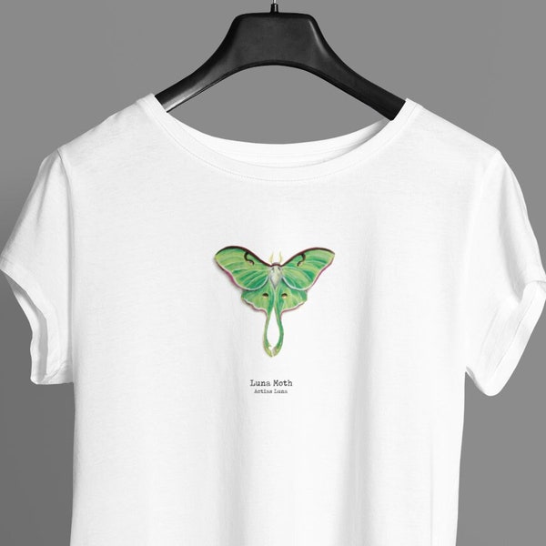 Women's Luna Moth T-Shirt - Faux Taxidermy Moth Shirt - Traditionally Painted Lunar Moth - Cottagecore - Bug Lover Organic - Indie Clothing