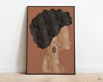 Può includere: Una stampa d'arte digitale di un profilo femminile con un'ampia acconciatura afro. La donna è raffigurata in toni marroni su uno sfondo terracotta.