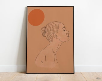 May include: A line drawing of a person's face and shoulders against a brown background with a large orange circle in the upper left corner.