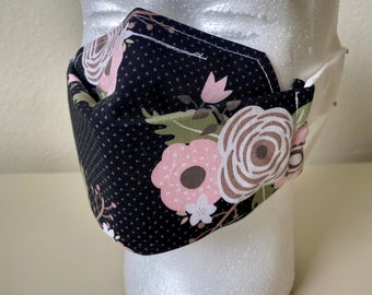 Pink on Black Floral Origami Cloth Mask