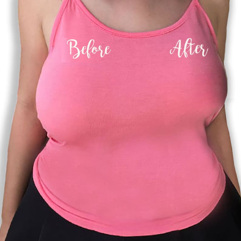 Op de afbeelding: Een roze tanktop met de woorden "Voor" en "Na" op de voorkant.