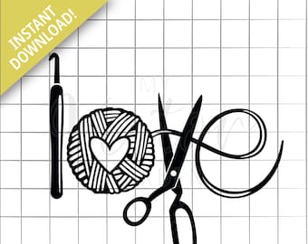 Crochet Love SVG: Yarn Heart, Hook, Scissors (Digital Download)