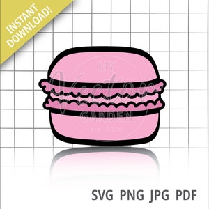 May include: A pink macaron cookie with a black outline and a white text overlay that says "MY GARDEN est. 2020".