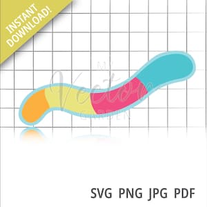 May include: A colorful gummy worm with a blue, yellow, pink, and orange design. The worm is on a white grid background.