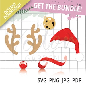 May include: A set of five Christmas-themed SVG cut files. The set includes a Santa hat, reindeer antlers, a bell, a red nose, and a red ribbon. The files are available for instant download. "GET THE BUNDLE!" is written in the top right corner of the image.
