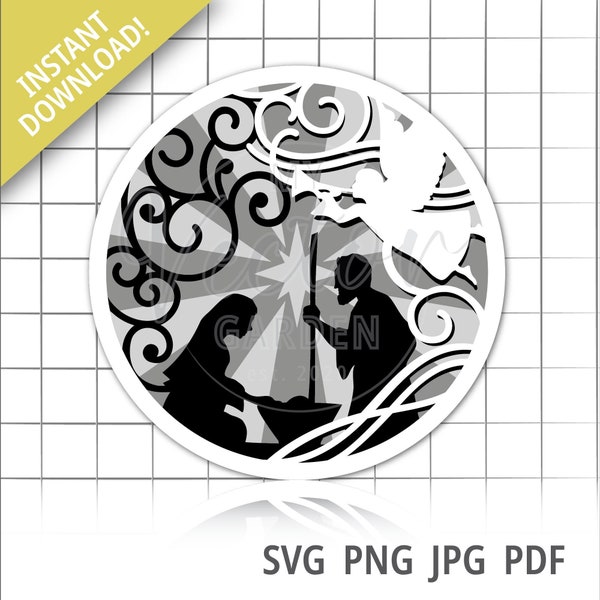Layered Nativity Svg, Layered Christmas Svg Mary and Joseph Svg Nativity Shadow Box Svg Nativity Scene Svg Round Ornament Svg Png Clipart