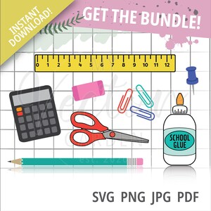 Schule liefert Svg Bundle, Büro Schreibtisch Artikel Lehrer Wertschätzung Png ersten Tag der Schule Kleber Svg geschichteten Bleistift Datei Push Pin Pdf Lineal