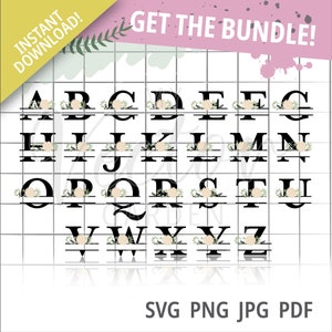 Paquete SVG de monograma dividido con alfabeto floral (descarga digital)