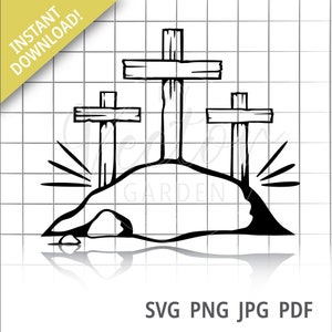 Calvary Crosses Svg, Three Crosses On A Hill Svg Archivo Svg de Pascua para Cricut Silhouette Él vive Svg Pascua religiosa cristiana Svg Jesús Svg
