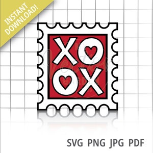 XOXO Postzegel Svg, Valentijnspost jpg Knuffels en Kusjes Stempel Valentijn Envelop Verzenden Liefde Grafische Kinderen Mailbox Clipart Gelaagd Postzegelbestand
