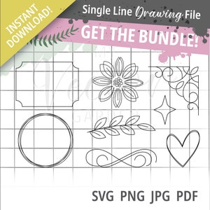 Éléments de dessin à ligne unique Bundle, fichier de dessin Basic Flourish svg Vector Flourish Designs Single Line Branch svg frame svg heart svg