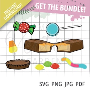 以下が含まれることがあります： ロリポップ、チョコレートバー、グミワーム、ピーナッツバターカップ、キャンディーコーン、ジェリービーンズなど、9つのカラフルなキャンディーSVGカットファイルのセット。画像の上部に「GET THE BUNDLE！」というテキストがあります。