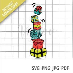 May include: A stack of colorful gift boxes with bows, the top box is falling off the stack.