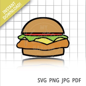 Pode incluir: Uma ilustração de desenho animado de um hambúrguer com recheio vermelho, verde e amarelo. O hambúrguer é contornado em preto e tem uma sombra por baixo. O texto "MY VECTOR GARDEN est. 2020" está dentro do hambúrguer.