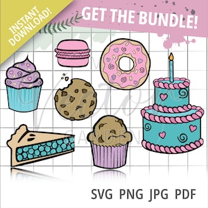 Pakiet piekarni Svg, piekarnia Clipart Słodycze Svg Ciasto Svg Babeczka Svg Makaronik Ciastko Svg Pliki Svg do pieczenia dla Cricut Komercyjne użycie Pie Svg Png
