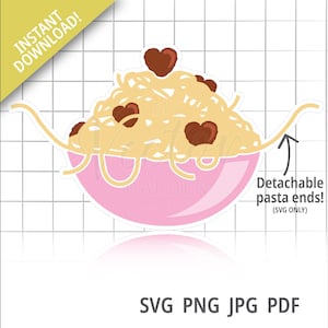Espaguete e Almôndegas Svg, Tigela de Macarrão Png Comida do Dia dos Namorados svg Comida em Formato de Coração Jpg Tigela de Macarrão Pdf Jantar Italiano Love Card Design