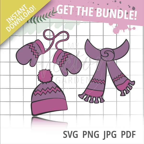 Winter Clothing Svg Bundle, Outdoor Accessories Cold Weather Graphics Snow Day Clipart Hat and Scarf Images Gloves and Hat files