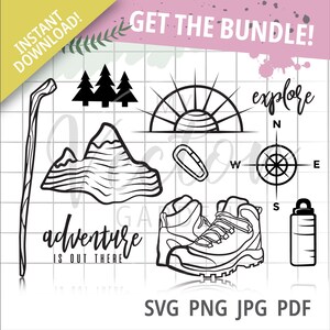 Adventure Svg Bundle, Adventure Is Out There Adventure attende Svg Esplora Svg Outdoor Clipart Climbing Hiking Svg Mountain Svg Scarponi da trekking